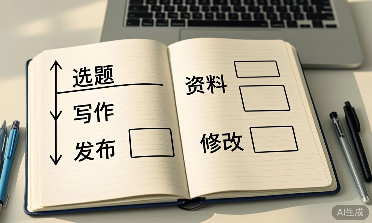 创作者在桌前记录内容从选题到发布的流程