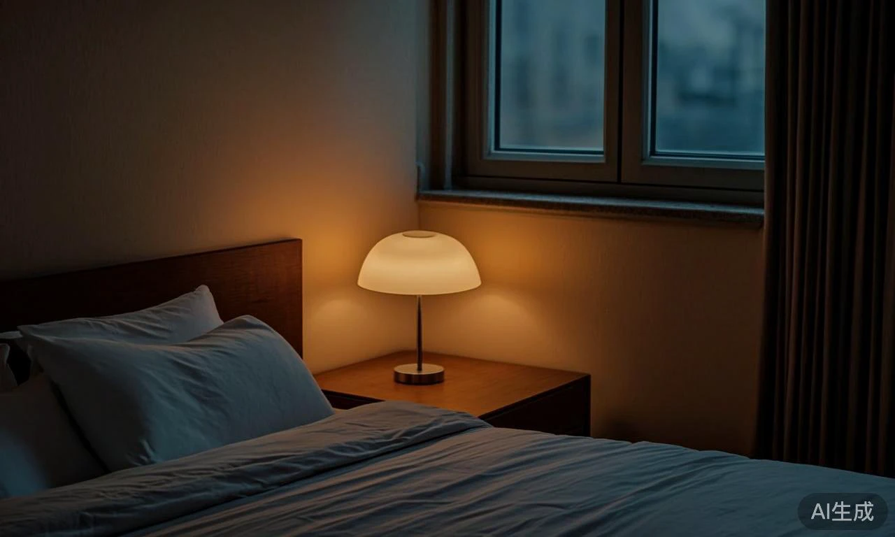 夜晚安静的卧室床头,没有手机,只有一盏暖黄的小夜灯